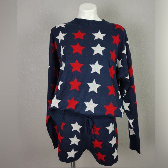 BEACH RIOT Callie Sweater & Balboa Shorts Americana Stars Set Size XL Blue - Picture 2 of 16